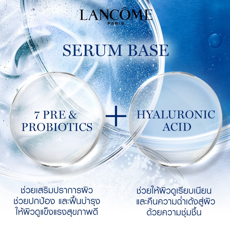 ส่วนผสม Lancome Advanced Genifique Youth Activating Concentrate Pre- & Probiotic Fractions   7 Pre & Probiotics ช่วยเสริมปราการผิว ปกป้องและฟื้นฟูให้ผิวแข็งแรง  Hyaluronic Acid ให้ผิวเรียบเนียน คืนความฉ่ำเด้งให้ผิว ชุ่มชื้น